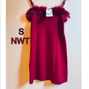NWT (S) Show me your MuMu dark red party dress faux fur mini shift